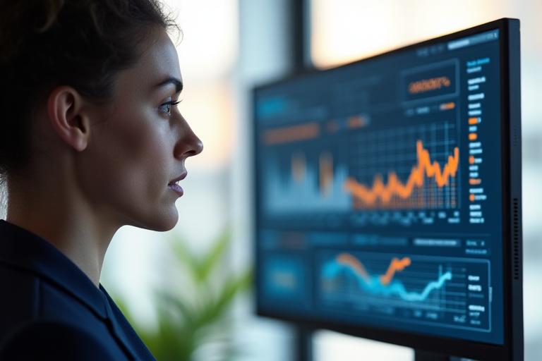 Professional looking at advanced AI data visualization on large monitor